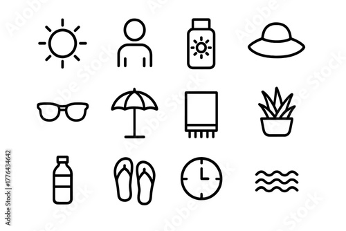 Beach Safety Icons. Beach safety. Line outline icon set of beach safety: sun, person, sunscreen bottle, hat,