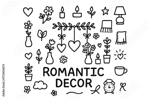 Romantic Doodle Decorations. Romantic decorations. Hand-drawn doodle illustration of romantic decorations. In
