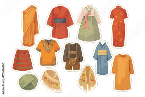 World Costume Stickers. World costume kit. Realistic hand-painted watercolor style sticker sheet of world