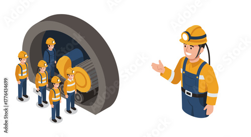 Isometric miners near tunnel with machinery and foreman giving instructions