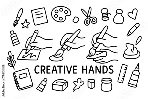 Creative Hands Doodle. Creative hands. Hand-drawn doodle illustration of creative hands. In the middle, one