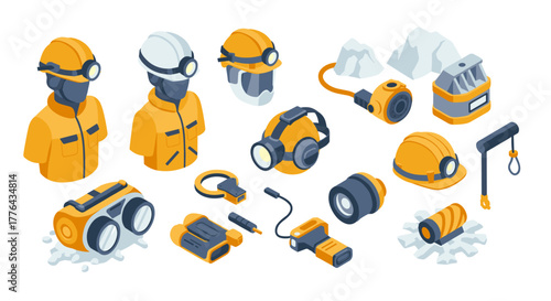 Mining safety gear and equipment in isometric style for industrial use