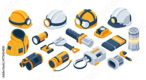 Isometric construction equipment and safety gear collection for industrial projects