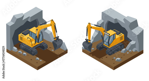 Isometric construction excavator inside cave illustration for infrastructure design