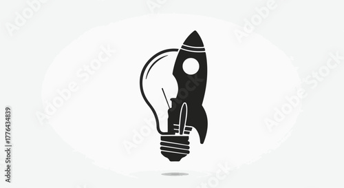 Rocket ship emerging from a bright idea lightbulb, symbolizing innovation and launch.