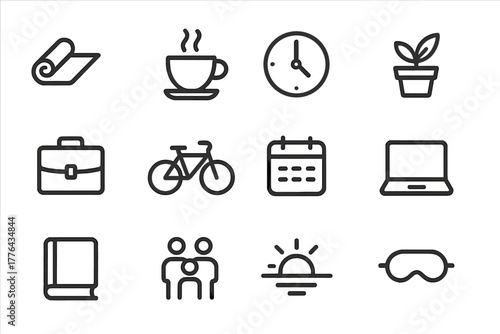 Work-Life Balance Icons. Work-life balance. Line outline icon set of work-life balance: yoga mat, coffee cup,