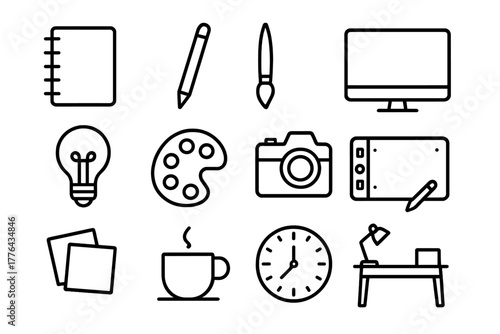 Creative Workday Icons. Creative workday. Line outline icon set of creative workday: sketchbook, pencil,
