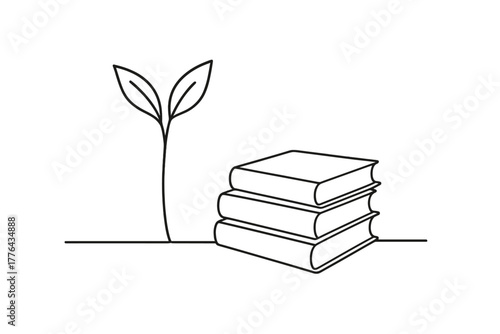 Minimalist Growth Illustration. Growth. Minimalistic one-line drawing sprouting plant next to stacked books,