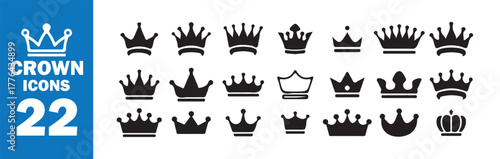 Black and White Crown Icons, Royal Vector Illustration Set