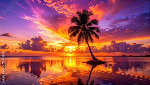 Fototapeta Naklejka Na Ścianę i Meble -  Tropical Palm Tree Silhouette Against Fiery Sunset Over Calm Ocean Water Reflection In Maldives
