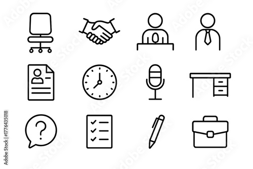 Job Interview Icons. Job interview process. Line outline icon set of job interview process: interview chair,