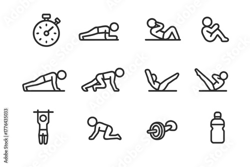 Core Exercise Icon Set. Fitness core challenge. Line outline icon set of fitness core challenge: stopwatch,