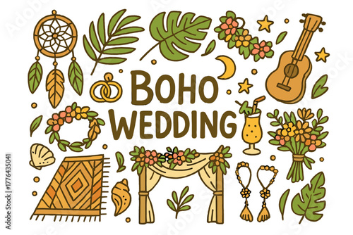 Boho Tropical Wedding Essentials. Boho tropical wedding. Hand-drawn doodle illustration of a boho tropical