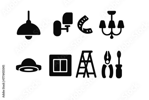 Lighting Icons Collection. Lighting Installation. Filled icon set of Lighting Installation: ceiling lamp, wall