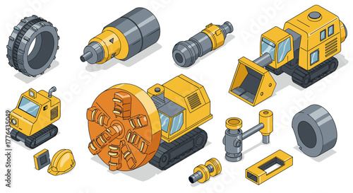 Construction equipment isometric set featuring bulldozer and drill parts in detailed vector art
