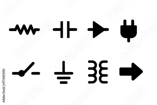 Electrical Symbols Grid. Electrical Symbols. Filled icon set of Electrical Symbols: resistor, capacitor, diode