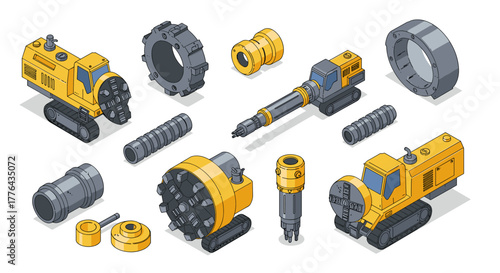 Isometric construction machinery and mechanical parts in detailed yellow and grey design