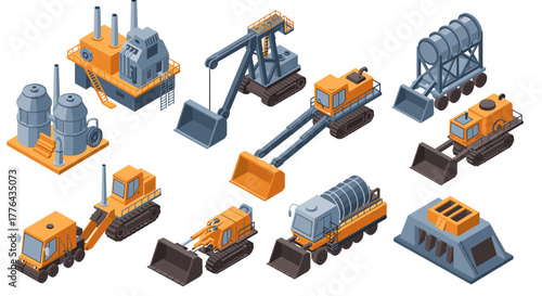 Heavy construction machinery in isometric design featuring industrial vehicles and equipment