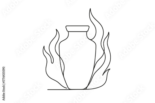 Flame-Kissed Ceramic Design. Ceramics. Minimalistic one-line drawing stylized ceramic tile with flames curving