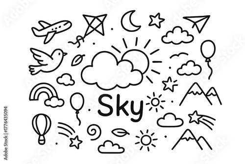 Doodle Sky Vignette. Sky. Hand-drawn doodle illustration of Sky. In the middle, one slightly larger central