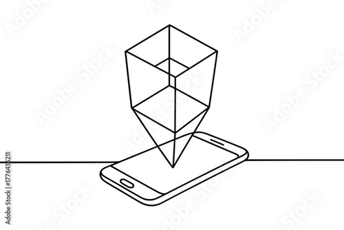 Holographic Smartphone Art. Augmented Reality. Minimalistic one-line drawing smartphone projecting 3D hologram
