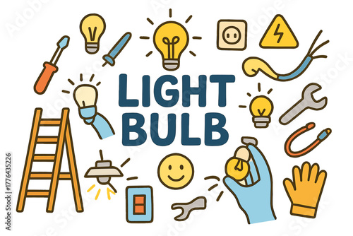 Light Bulb Doodle. Changing a light bulb. Hand-drawn doodle illustration of changing a light bulb. Light bulb,