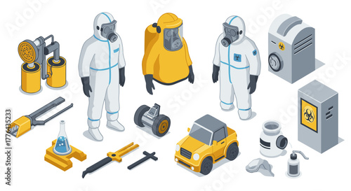 Isometric hazmat equipment and safety gear collection for industrial protection
