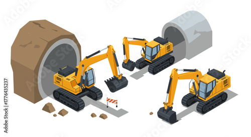 Construction excavators digging tunnel with heavy equipment and machinery