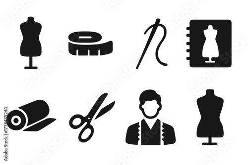 Haute Couture Icons. Haute Couture. Filled icon set of Haute Couture: mannequin, measuring tape, needle and