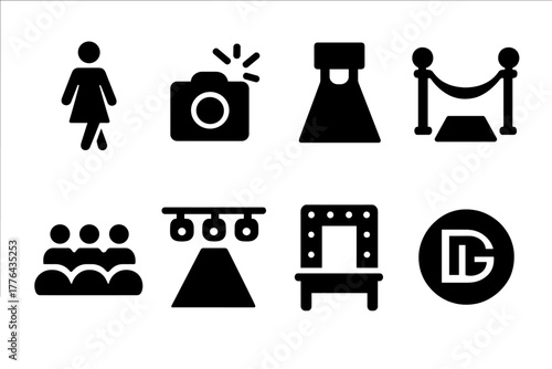 Fashion Runway Icons. Fashion Runway. Filled icon set of Fashion Runway: catwalk model, camera flash,