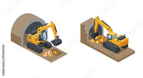 Isometric excavator digging tunnels: construction machinery in action