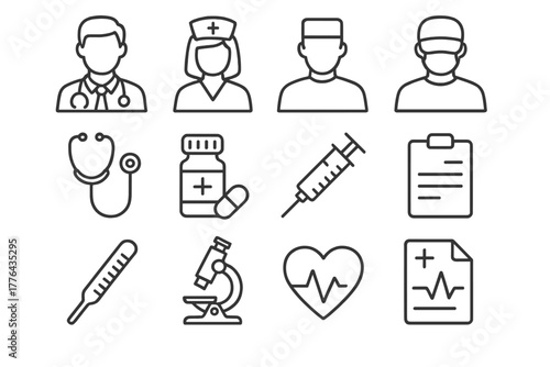 Healthcare Icons Set. Healthcare professional icons. Line outline icon set of healthcare professional icons: