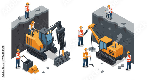 Isometric construction site with workers and heavy machinery in action