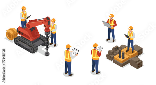 Construction workers using technology on site with heavy equipment and building materials in isometric style