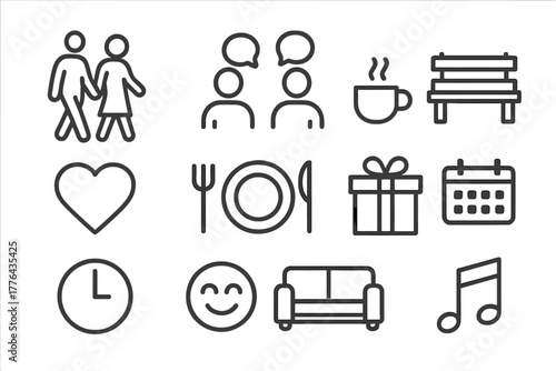 Couple Time Icon Set. Spending time together. Line outline icon set of spending time together: couple walking,