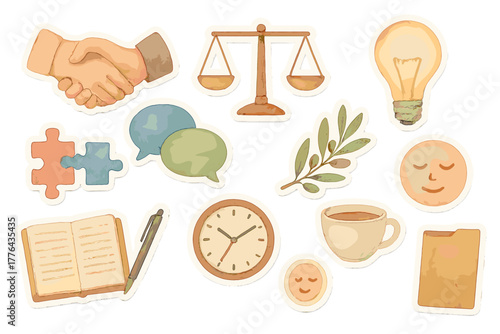 Watercolor Workplace Stickers. Workplace Conflict Resolution. Realistic hand-painted watercolor style sticker