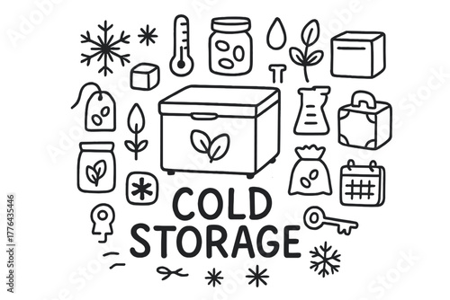 Cold Storage Doodle. Cold Storage. Hand-drawn doodle illustration of Cold Storage. In the middle, one slightly