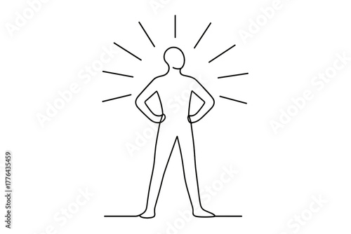 Radiant Empowerment Silhouette. Empowerment. Minimalistic one-line drawing person standing tall with rays