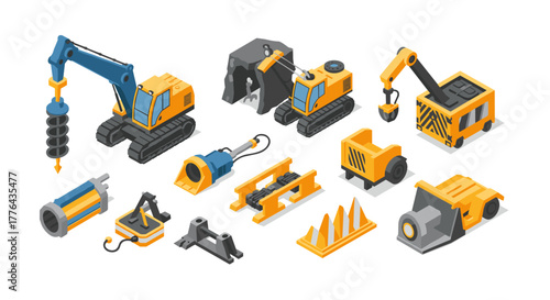 Isometric construction machinery set with heavy equipment and tools