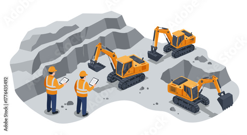 Construction site with excavators and engineers in isometric style