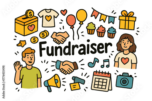 Playful Fundraiser Doodle. Charity fundraiser. Hand-drawn doodle illustration of a charity fundraiser.