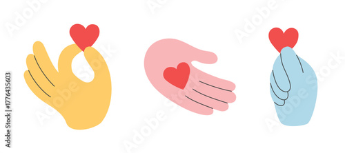 Set of hands holding hearts. Doodle style. Love, care and empathy concept. 