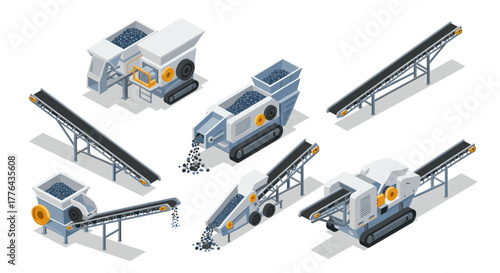 Isometric industrial machinery set with conveyors and crushers