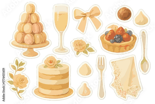 Elegant Dessert Stickers. Elegant Desserts. Realistic hand-painted watercolor style sticker sheet of elegant