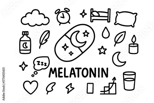 Melatonin Doodle Art. Melatonin. Hand-drawn doodle illustration of Melatonin. In the middle, one slightly