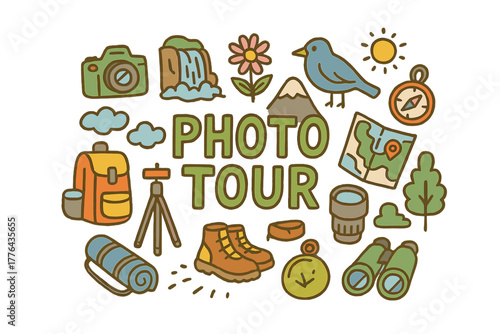 Niche Nature Photo Tour. Photography tours of niche natural wonders. Hand-drawn doodle illustration of