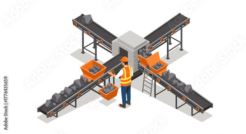 Isometric conveyor system with worker in helmet managing rock transportation
