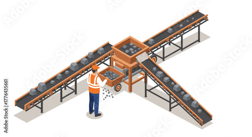 Isometric conveyor system with worker managing industrial machinery in production line