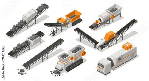 Industrial conveyor systems isometric design featuring quarry equipment and machinery