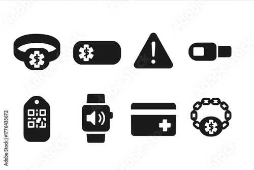Medical Bracelet Icons. Medical ID Bracelet. Filled icon set of Medical ID Bracelet: wristband with medical